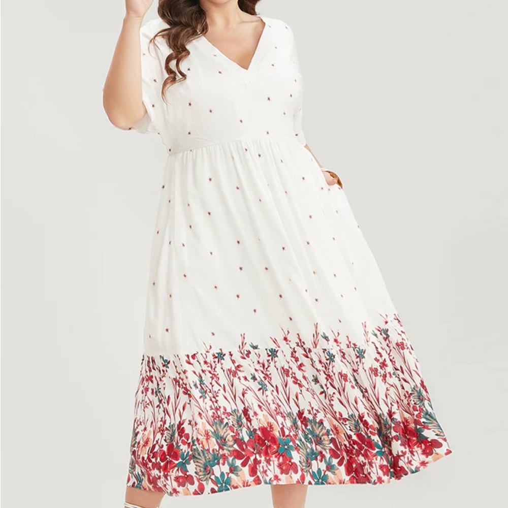 Floral Print Dolman Sleeve V Neck Pocket Ruffle Hem Dress